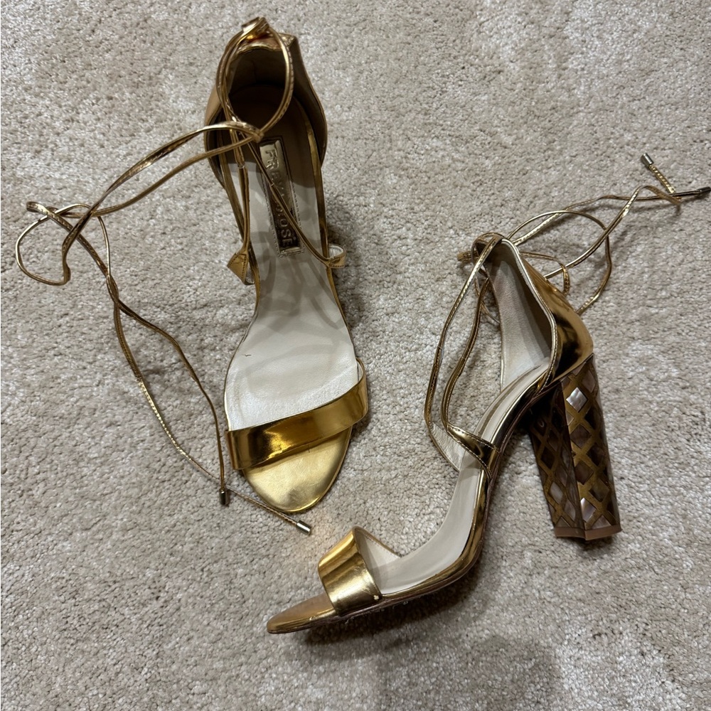 Gold Lace-Up Block Heel Sandals
